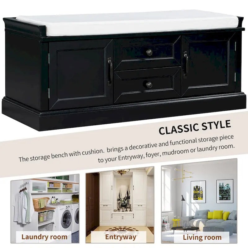 Storage Bench with 2 Drawers and 2 Cabinets, Shoe Bench with Removable Cushion for Living Room