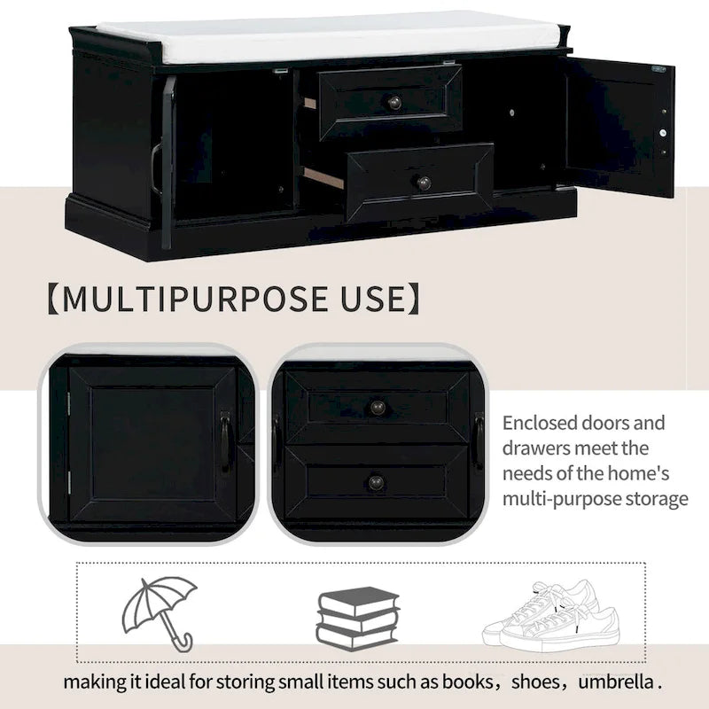 Storage Bench with 2 Drawers and 2 Cabinets, Shoe Bench with Removable Cushion for Living Room