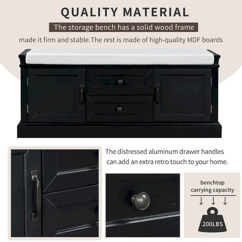 Storage Bench with 2 Drawers and 2 Cabinets, Shoe Bench with Removable Cushion for Living Room