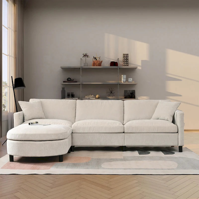 Beige 107.87 Spacious 4-Seater Sofa with Movable Ottoman, Removable Cushions, and Convenient Armrest Storage