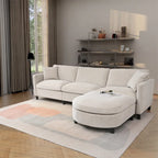 Beige 107.87 Spacious 4-Seater Sofa with Movable Ottoman, Removable Cushions, and Convenient Armrest Storage