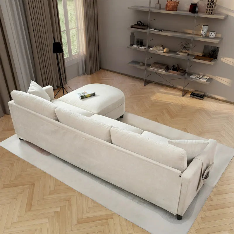Beige 107.87 Spacious 4-Seater Sofa with Movable Ottoman, Removable Cushions, and Convenient Armrest Storage