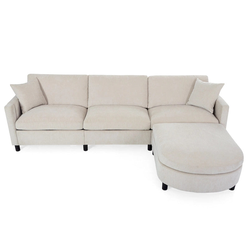 Beige 107.87 Spacious 4-Seater Sofa with Movable Ottoman, Removable Cushions, and Convenient Armrest Storage