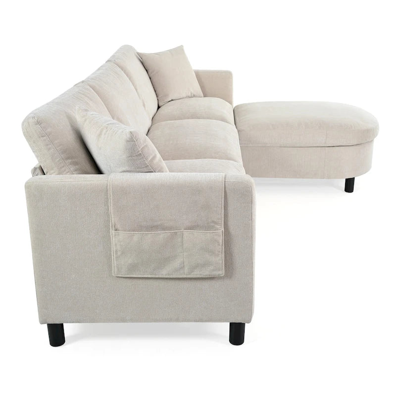 Beige 107.87 Spacious 4-Seater Sofa with Movable Ottoman, Removable Cushions, and Convenient Armrest Storage