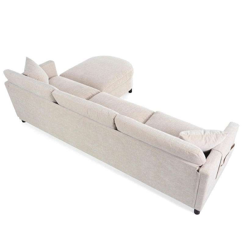 Beige 107.87 Spacious 4-Seater Sofa with Movable Ottoman, Removable Cushions, and Convenient Armrest Storage