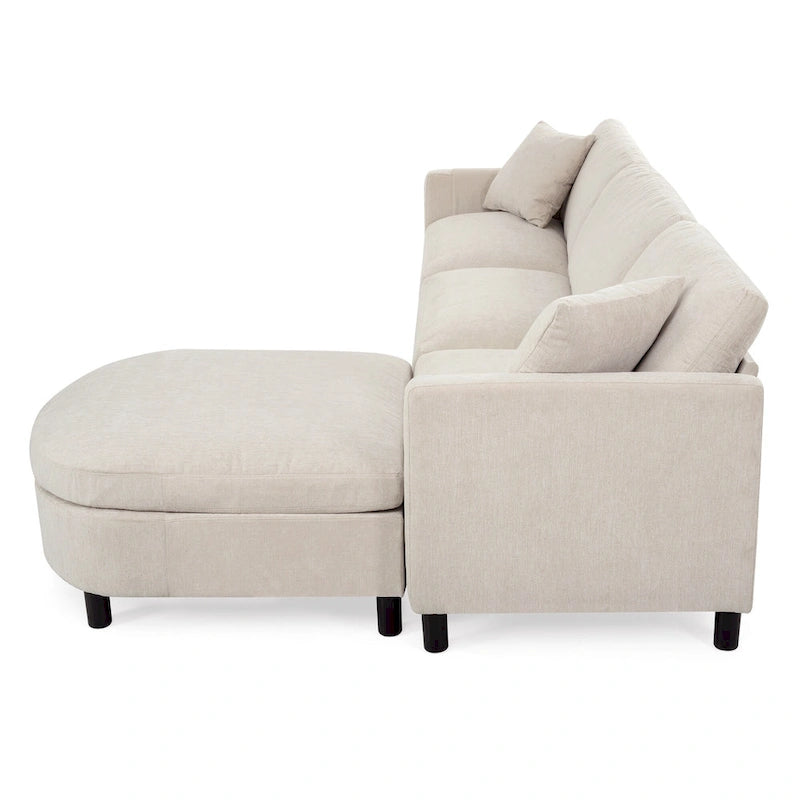Beige 107.87 Spacious 4-Seater Sofa with Movable Ottoman, Removable Cushions, and Convenient Armrest Storage