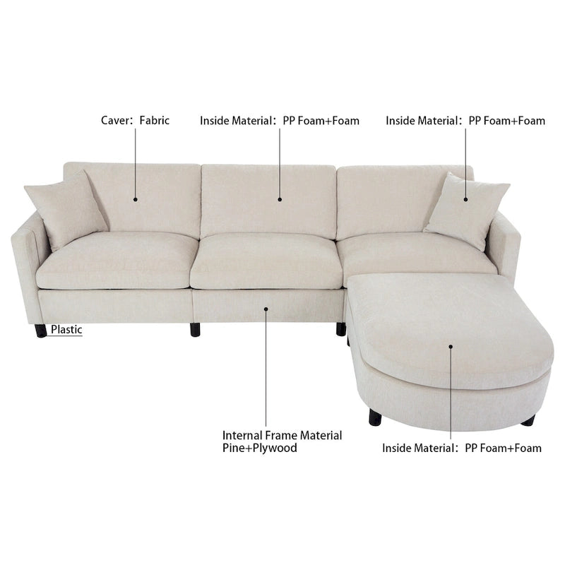 Beige 107.87 Spacious 4-Seater Sofa with Movable Ottoman, Removable Cushions, and Convenient Armrest Storage