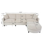 Beige 107.87 Spacious 4-Seater Sofa with Movable Ottoman, Removable Cushions, and Convenient Armrest Storage