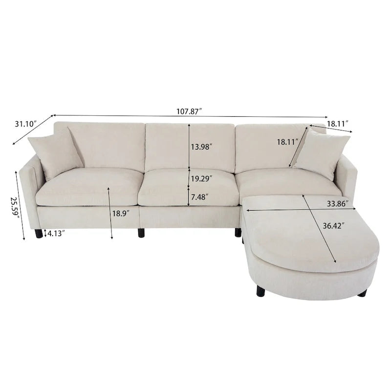 Beige 107.87 Spacious 4-Seater Sofa with Movable Ottoman, Removable Cushions, and Convenient Armrest Storage