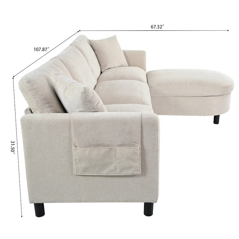Beige 107.87 Spacious 4-Seater Sofa with Movable Ottoman, Removable Cushions, and Convenient Armrest Storage