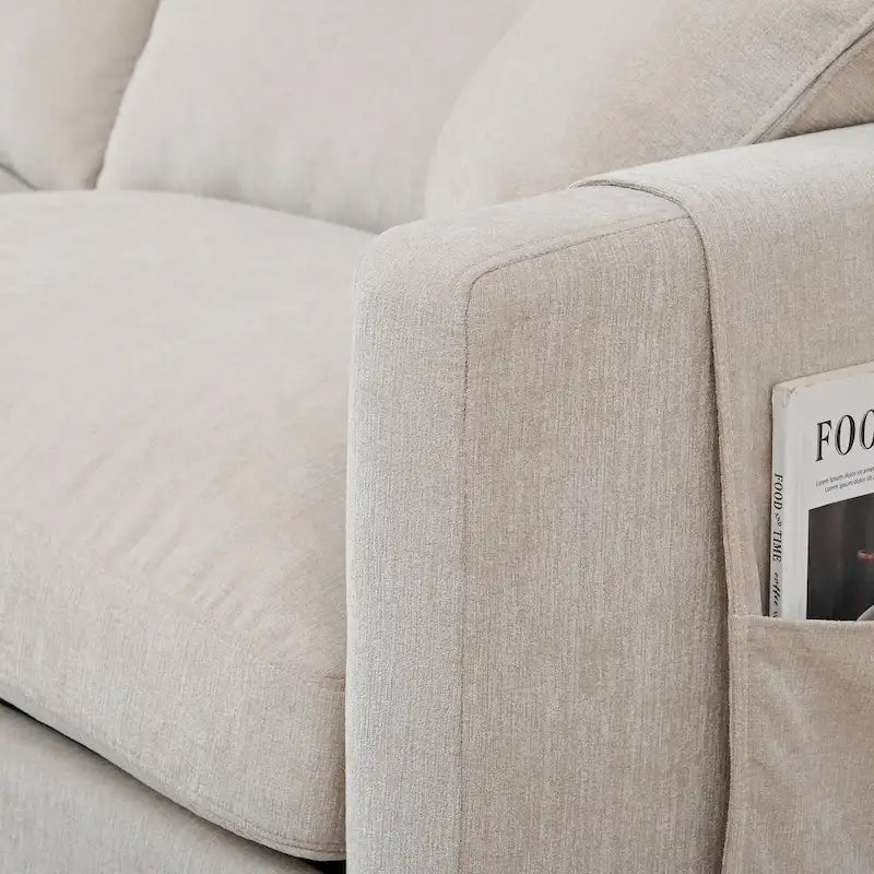 Beige 107.87 Spacious 4-Seater Sofa with Movable Ottoman, Removable Cushions, and Convenient Armrest Storage