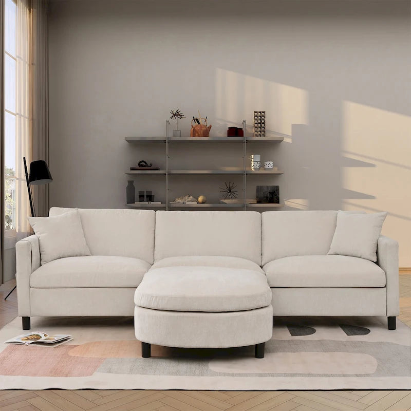 Beige 107.87 Spacious 4-Seater Sofa with Movable Ottoman