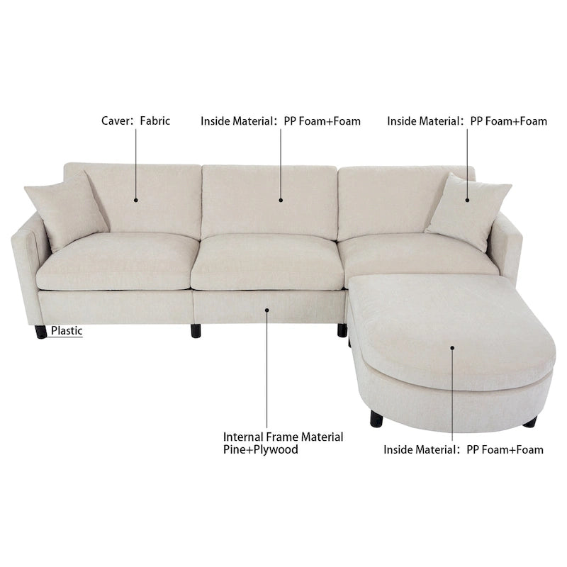Beige 107.87 Spacious 4-Seater Sofa with Movable Ottoman