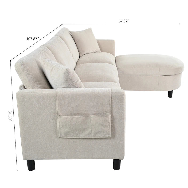 Beige 107.87 Spacious 4-Seater Sofa with Movable Ottoman