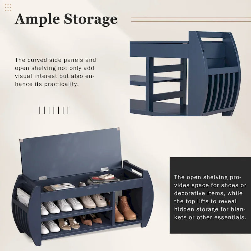 Multifunctional Storage Bench with Cushion and Curved Side Panel for Entrance and Living Room