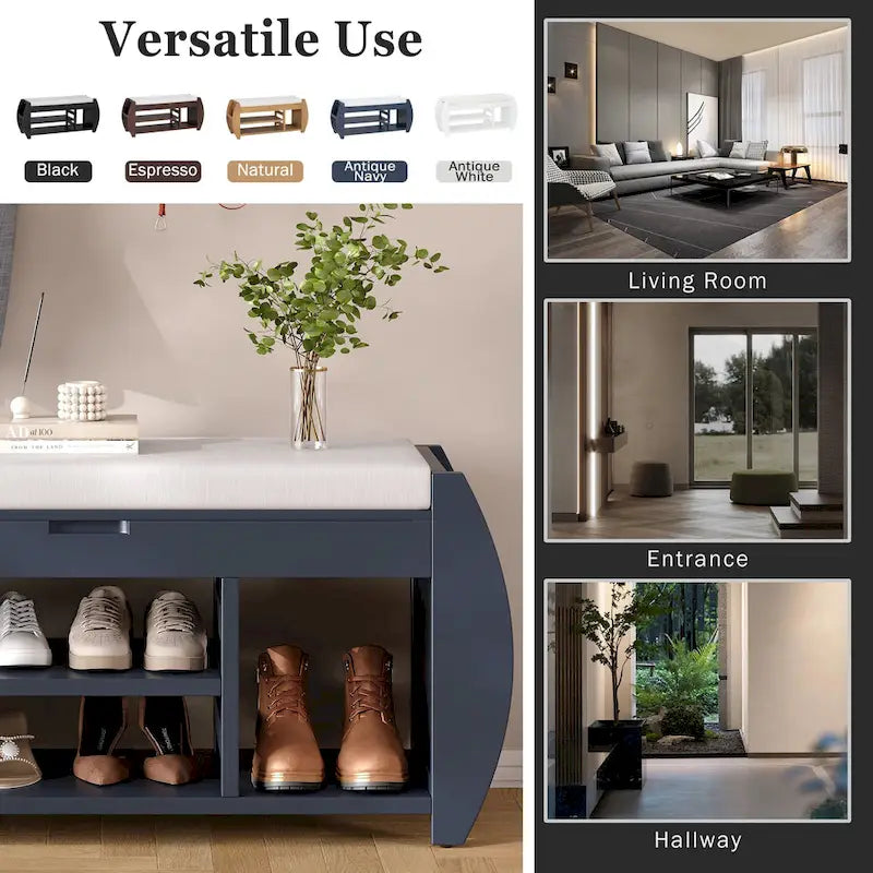 Multifunctional Storage Bench with Cushion and Curved Side Panel for Entrance and Living Room