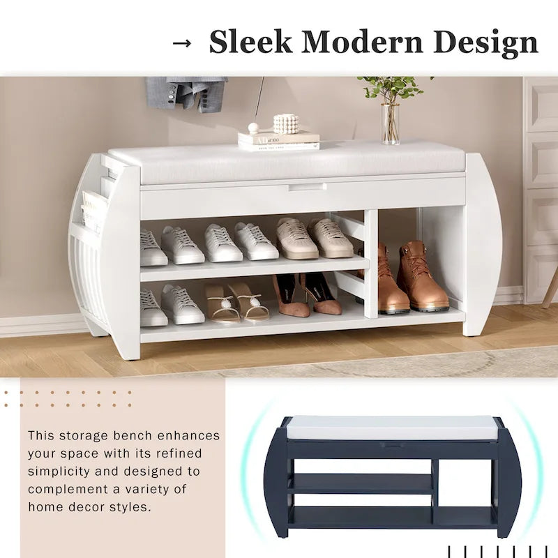 Multifunctional Storage Bench with Cushion and Curved Side Panel for Entrance and Living Room