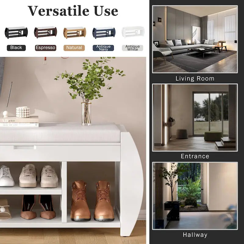 Multifunctional Storage Bench with Cushion and Curved Side Panel for Entrance and Living Room