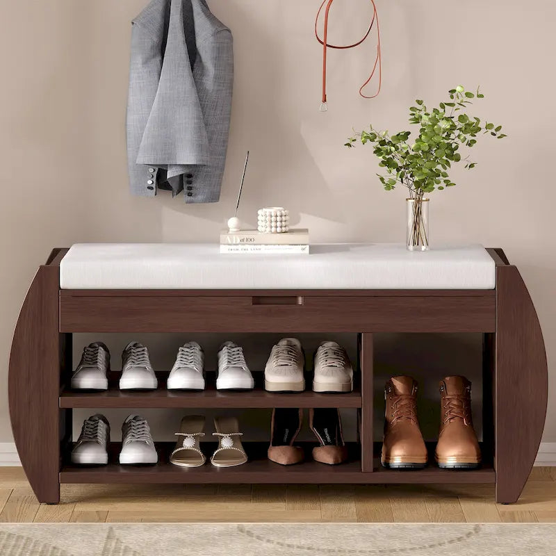 Multifunctional Storage Bench with Cushion and Curved Side Panel for Entrance and Living Room