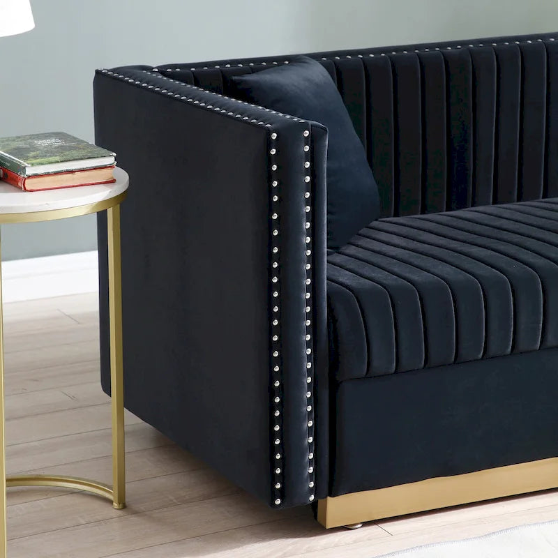 Contemporary Vertical Channel Tufted Velvet Sofa Modern Upholstered Couch for Living Room Apartment with 2 pillows
