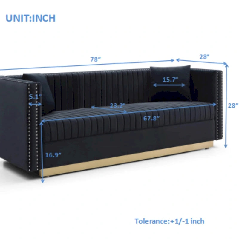 Contemporary Vertical Channel Tufted Velvet Sofa Modern Upholstered Couch for Living Room Apartment with 2 pillows