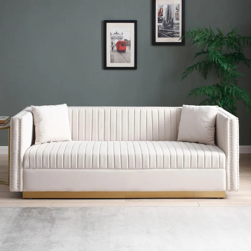 Contemporary Vertical Channel Tufted Velvet Sofa Modern Upholstered Couch for Living Room Apartment with 2 pillows