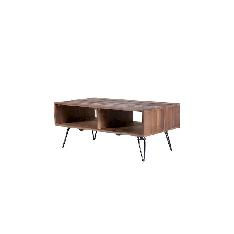 Reclaimed wood Cocktail Table with Open Storage for Living Room, Metal Legs, Foldable, Black/Natural wood Finish