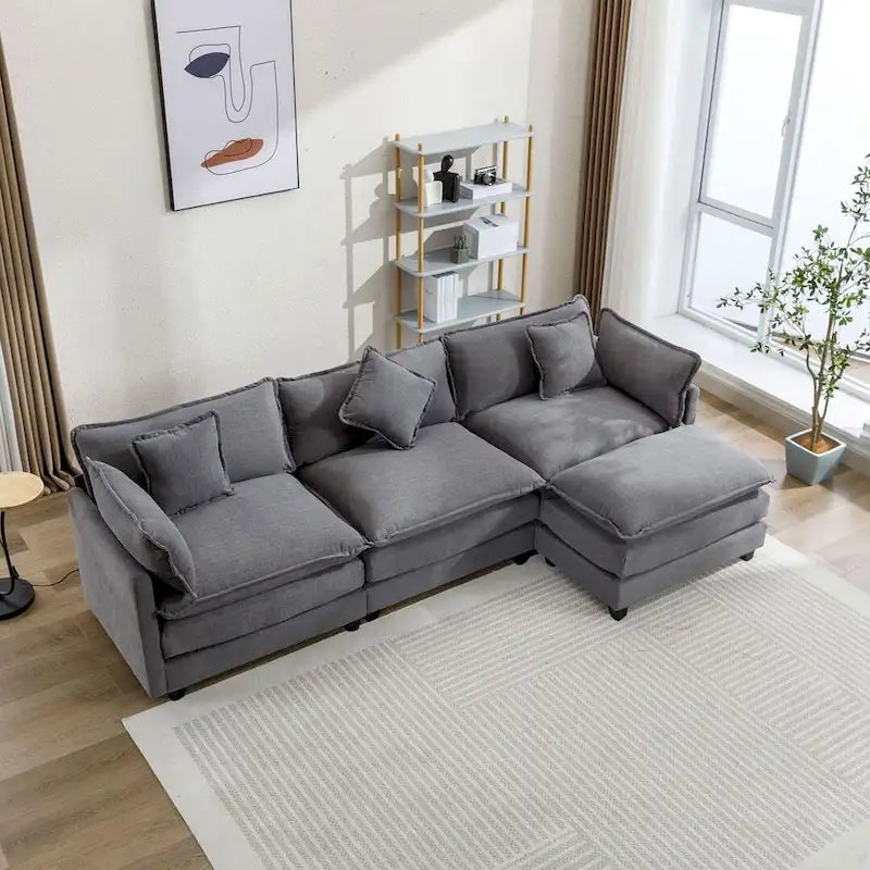 112 Modern L-Shape Chenille Upholstered Sofa with 5 Pillows