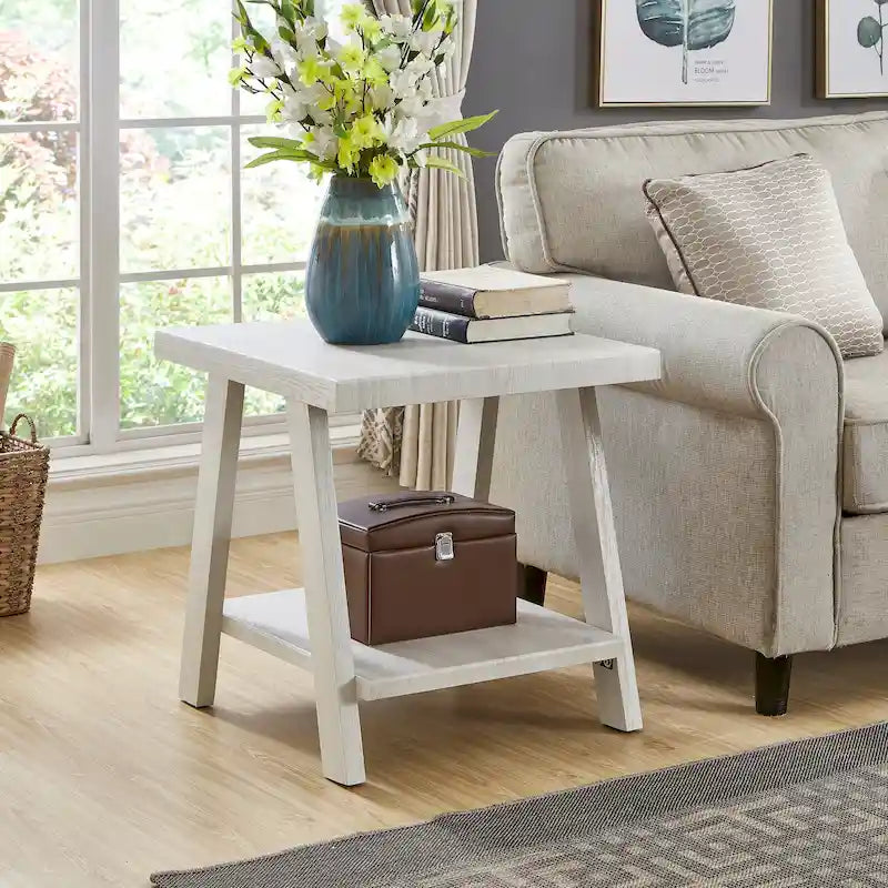 Contemporary Wood Shelf End Table With High-quality Hardwood Frame in White Finish