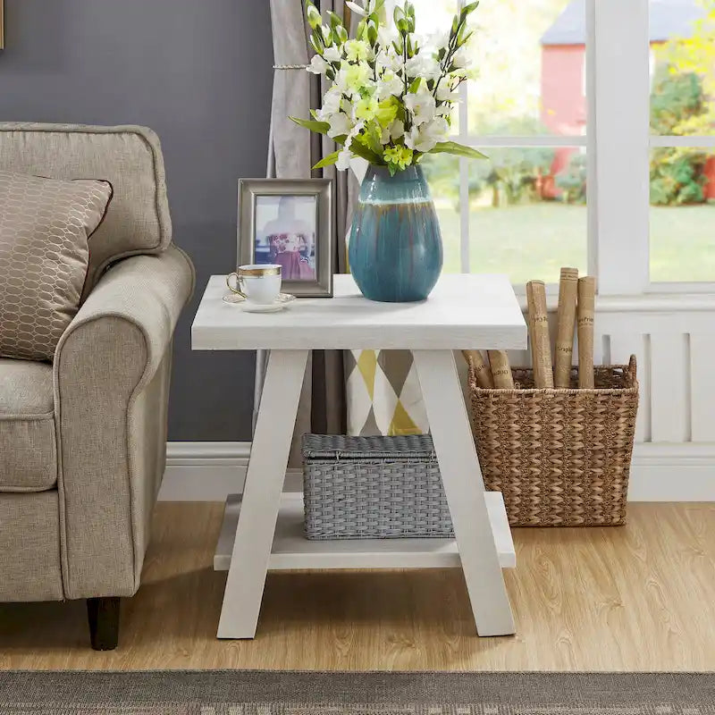 Contemporary Wood Shelf End Table With High-quality Hardwood Frame in White Finish