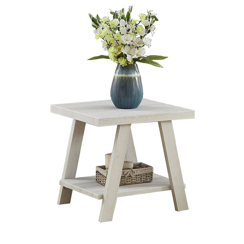 Contemporary Wood Shelf End Table With High-quality Hardwood Frame in White Finish