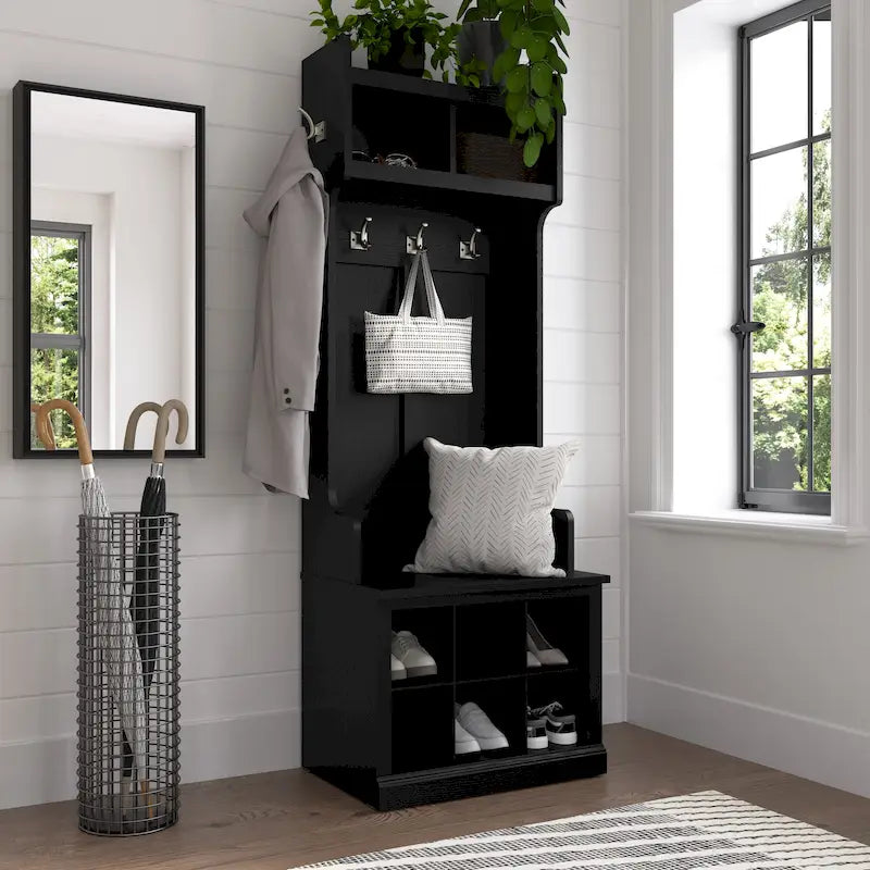 Woodland Hall Tree and Small Shoe Bench with Shelves by Bush Furniture