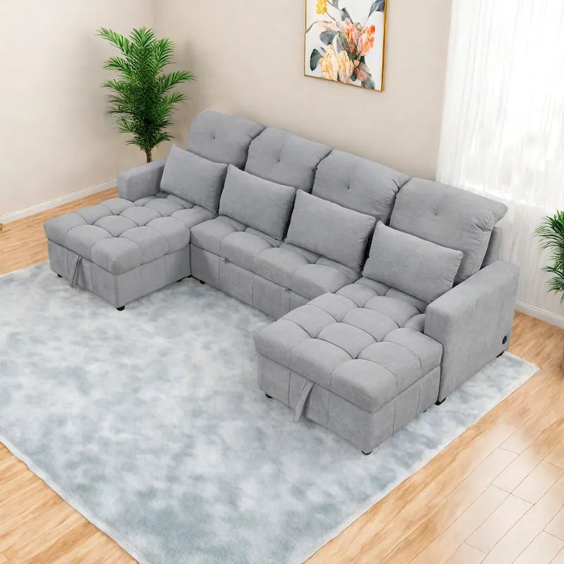 110 Oversized Chenille Convertible U-shaped Sectional Sofa with Pull-out Bed, Double Storage Chaise Lounges, and 2 USB Ports