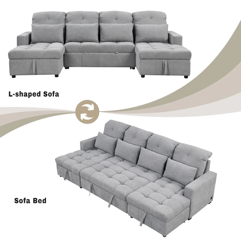 110 Oversized Chenille Convertible U-shaped Sectional Sofa with Pull-out Bed, Double Storage Chaise Lounges, and 2 USB Ports