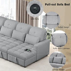 110 Oversized Chenille Convertible U-shaped Sectional Sofa with Pull-out Bed, Double Storage Chaise Lounges, and 2 USB Ports