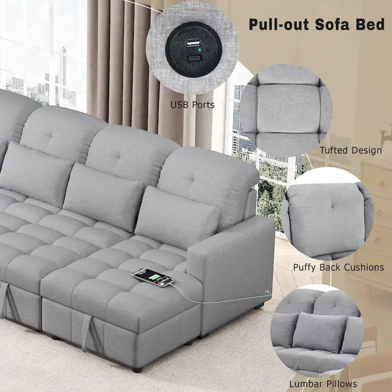 110 Oversized Chenille Convertible U-shaped Sectional Sofa with Pull-out Bed, Double Storage Chaise Lounges, and 2 USB Ports