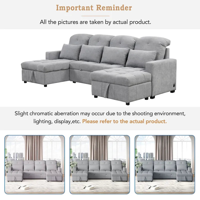 110 Oversized Chenille Convertible U-shaped Sectional Sofa with Pull-out Bed, Double Storage Chaise Lounges, and 2 USB Ports
