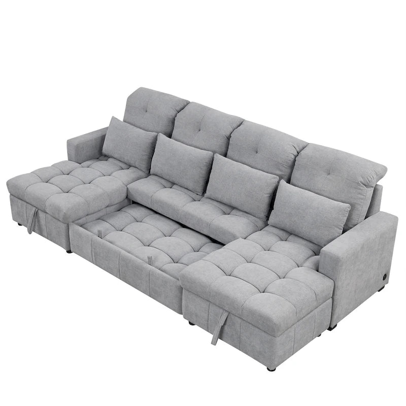 110 Oversized Chenille Convertible U-shaped Sectional Sofa with Pull-out Bed, Double Storage Chaise Lounges, and 2 USB Ports