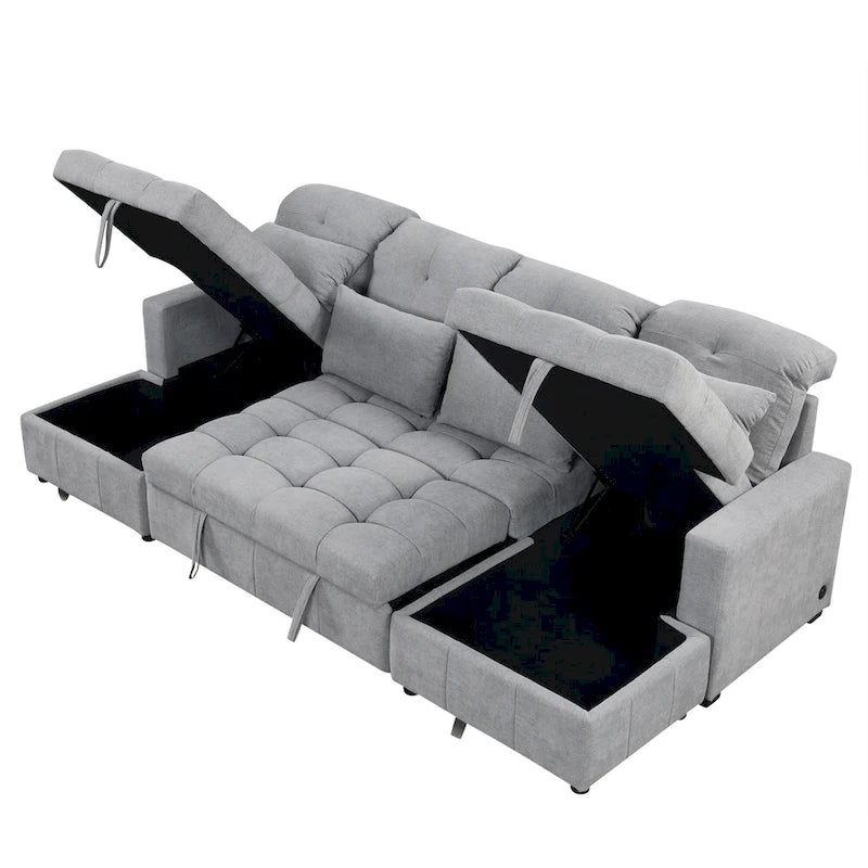 110 Oversized Chenille Convertible U-shaped Sectional Sofa with Pull-out Bed, Double Storage Chaise Lounges, and 2 USB Ports