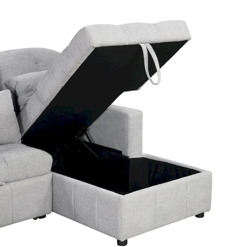 110 Oversized Chenille Convertible U-shaped Sectional Sofa with Pull-out Bed, Double Storage Chaise Lounges, and 2 USB Ports