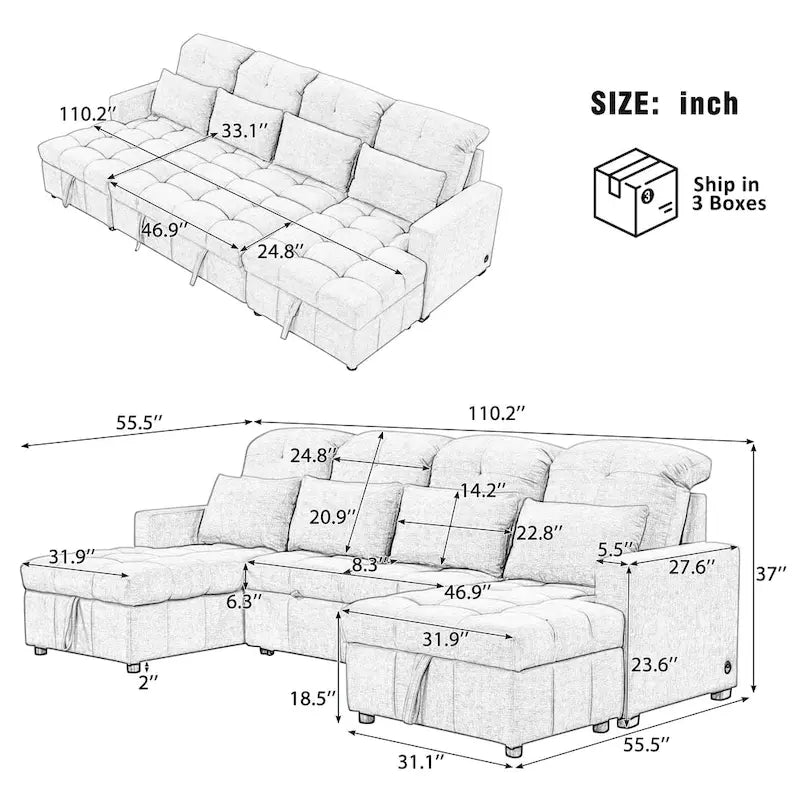 110 Oversized Chenille Convertible U-shaped Sectional Sofa with Pull-out Bed, Double Storage Chaise Lounges, and 2 USB Ports
