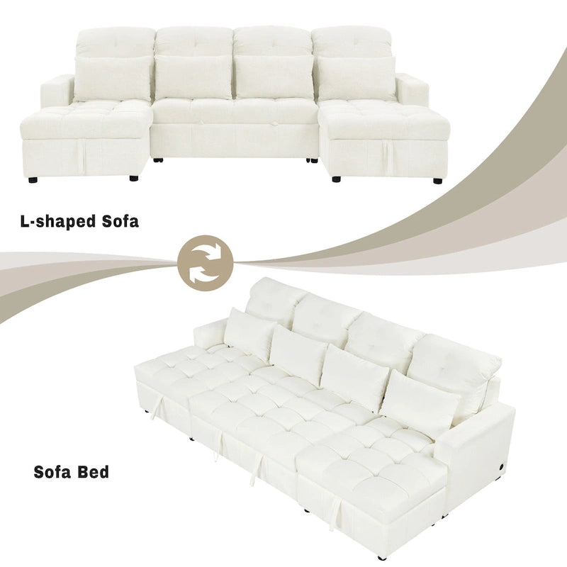 110 Oversized Chenille Convertible U-shaped Sectional Sofa with Pull-out Bed, Double Storage Chaise Lounges, and 2 USB Ports