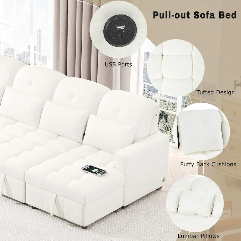 110 Oversized Chenille Convertible U-shaped Sectional Sofa with Pull-out Bed, Double Storage Chaise Lounges, and 2 USB Ports