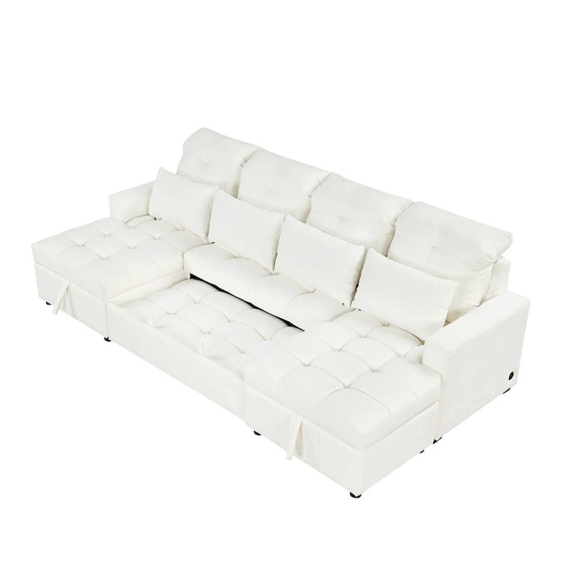 110 Oversized Chenille Convertible U-shaped Sectional Sofa with Pull-out Bed, Double Storage Chaise Lounges, and 2 USB Ports
