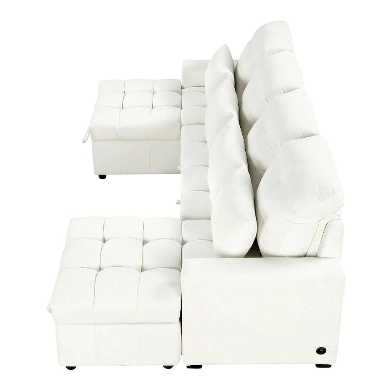 110 Oversized Chenille Convertible U-shaped Sectional Sofa with Pull-out Bed, Double Storage Chaise Lounges, and 2 USB Ports