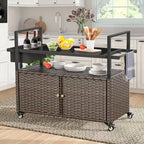 Outdoor Grill Cart Table with Wheels, Wicker Kitchen Island