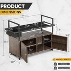 Outdoor Grill Cart Table with Wheels, Wicker Kitchen Island