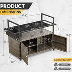 Outdoor Grill Cart Table with Wheels, Wicker Kitchen Island