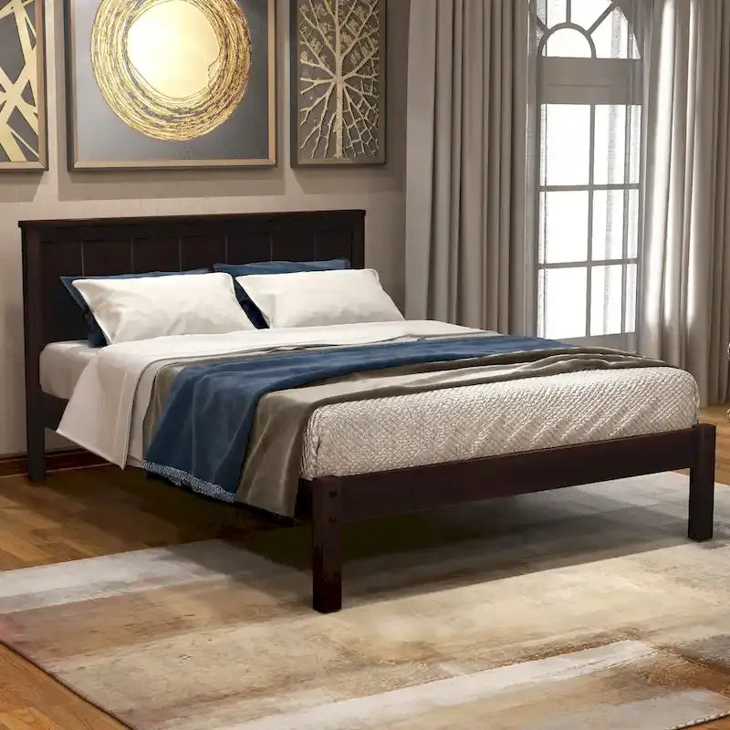 Twin Size Wood Platform Bed w/ Classic Headboard Upholstered Bed Frame for Bed Room No Box Spring Needed, Easy Assembly