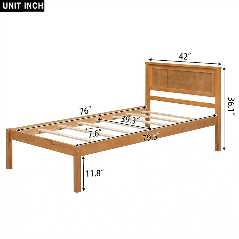 Twin Size Wood Platform Bed w/ Classic Headboard Upholstered Bed Frame for Bed Room No Box Spring Needed, Easy Assembly